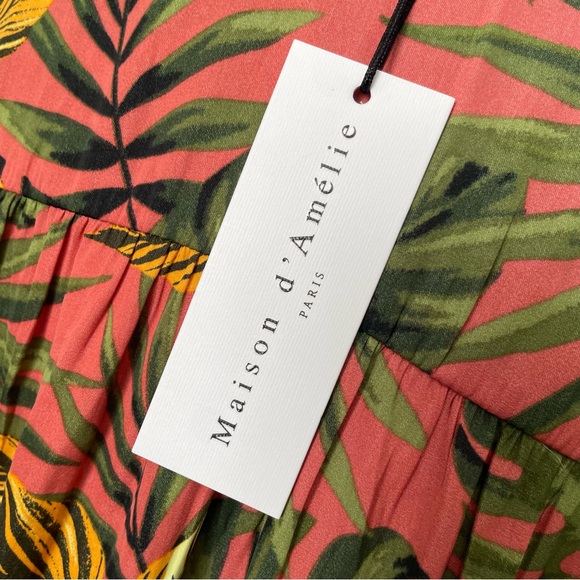 NWT Maison d’Amelie Paris Coral Tropical Print Cap-Sleeve V-Neck Blouse Top New - Picture 5 of 10